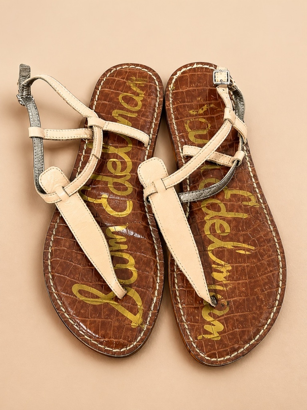 Sam Edelman Cream and Brown Leather T-Strap Flat Sandals Size 8 Minimalist